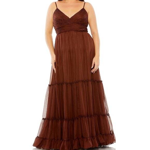 Mac Duggal Chocolate Brown Ruched Bodice Tiered Skirt Dress - Picture 1 of 3